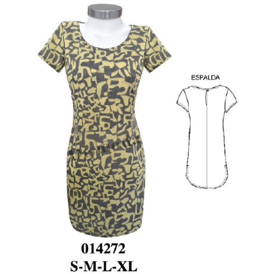 Molde de Vestido corto ajustado con escote redondo, mangas cortas y espalda con cierre y bajo redondeado | 014272