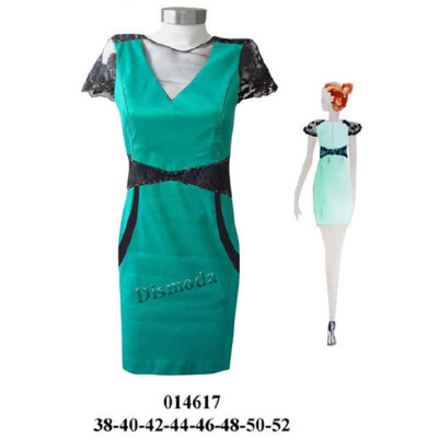 Molde de Vestido con escote en v sobre cuerpo de tul ilusión, manga corta de encaje, cintura con inserto curvo de encaje y bolsillos | 014617