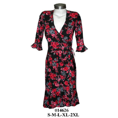 Molde de Vestido cruzado con escote en v, manga tres cuartos con volante en puño, amarre lateral en cintura y falda con vuelo y volante en el bajo | 014626