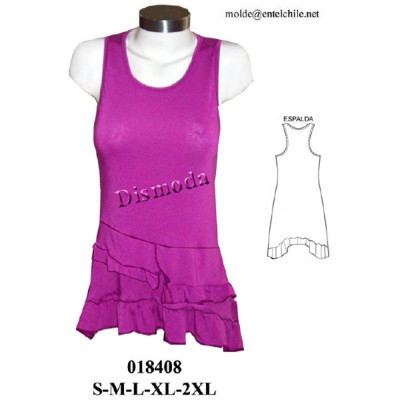 Molde de Camiseta de tirantes anchos con escote redondo, corte a la cadera y volados superpuestos en el faldón | 018408