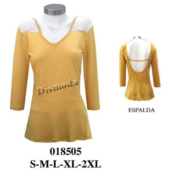 Molde de Camiseta escote v, corte al talle faldón evase, aplicaciones de encaje | 018505 Molde de Camiseta escote v, corte al talle faldón evase, aplicaciones de encaje | 018505