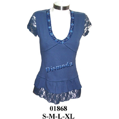 Molde de Camiseta con corte bajo busto tiras fruncidas en basta manga pestaña | 01868