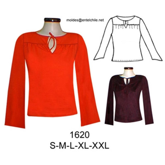 Molde de Camiseta con canesú y delantero fruncido amarra en escote; | 1620