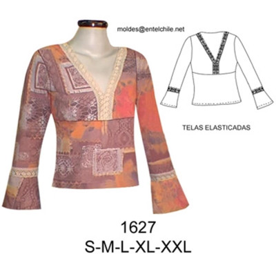 Molde de Camiseta corte bajo el busto, aplicación de encaje en escote y mangas; | 1627