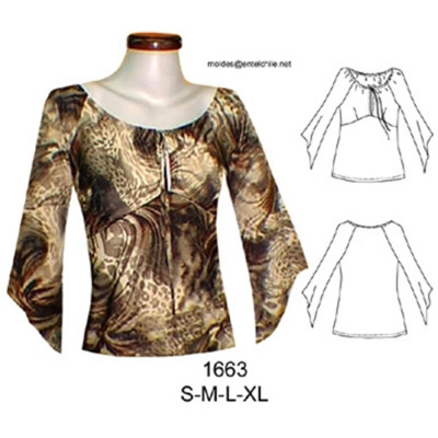 Molde de Camiseta escote bote con amarra, manga ancha; | 1663 Molde de Camiseta escote bote con amarra, manga ancha; | 1663