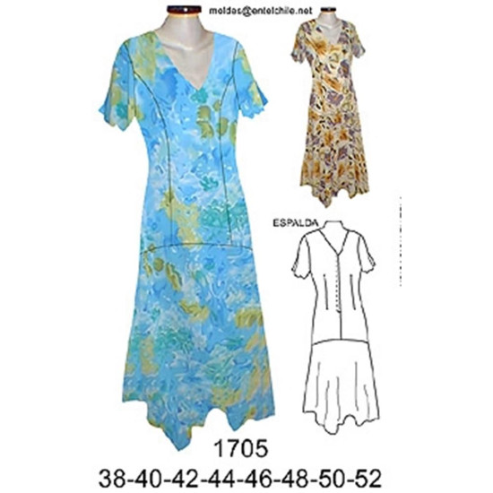 Molde de Vestido corte princesa con faldón cortado al sesgo, ; | 1705