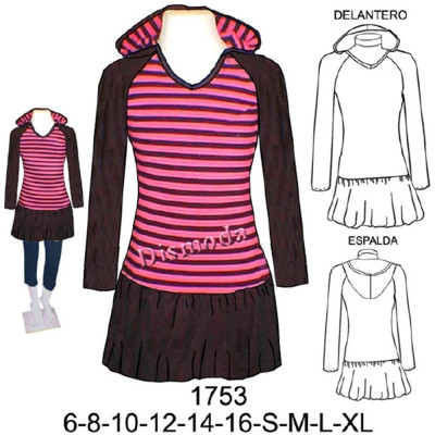 Molde de Vestido globo, con gorro, manga raglan | 1753