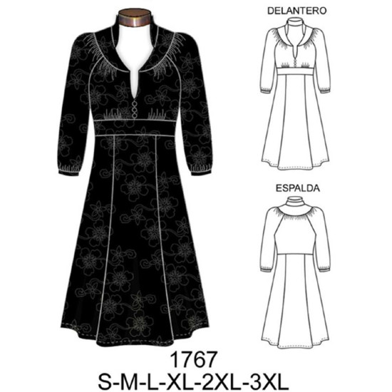 Molde de Vestido manga raglan con canesú y fruncido, | 1767 Molde de Vestido manga raglan con canesú y fruncido, | 1767