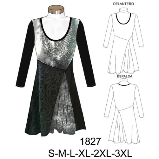 Molde de Mini vestido escotado con faldón asimétrico (largo ref | 1827