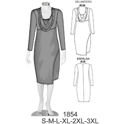 Molde de Vestido recto cuello drapeado con capa asimétrica | 1854