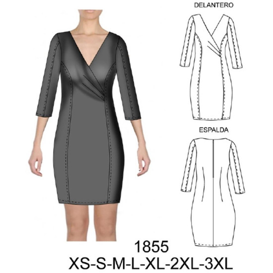 Molde de Vestido corte princesa cruzado manga 3/4 entallado, largo 87 cms | 1855 Molde de Vestido corte princesa cruzado manga 3/4 entallado, largo 87 cms | 1855