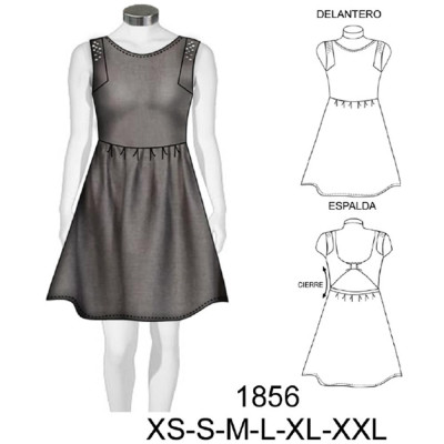 Molde de Vestido sin manga semi evase con nudo en espalda, largo 82 cms | 1856 Molde de Vestido sin manga semi evase con nudo en espalda, largo 82 cms | 1856
