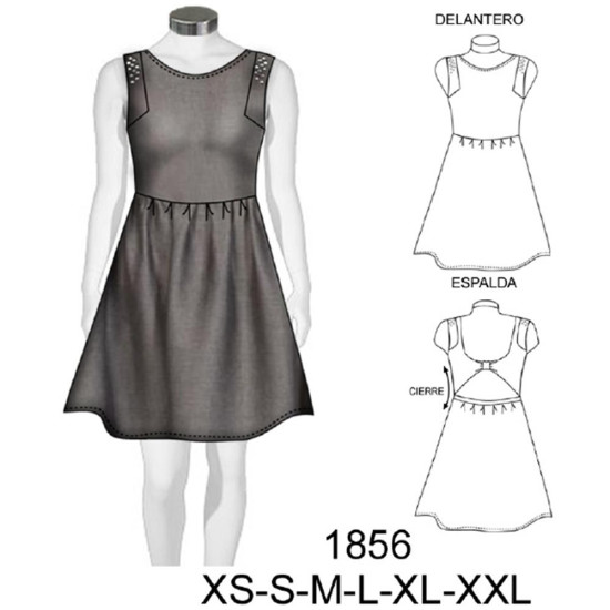Molde de Vestido sin manga semi evase con nudo en espalda, largo 82 cms | 1856