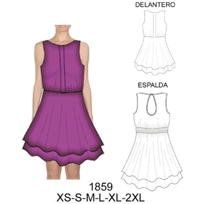 Molde de Vestido sin manga semi evase con tablón central | 1859