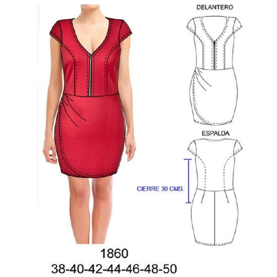 Molde de Vestido con cierre y media manga ajustado, capa delantera drapeada largo 86 cms | 1860 Molde de Vestido con cierre y media manga ajustado, capa delantera drapeada largo 86 cms | 1860