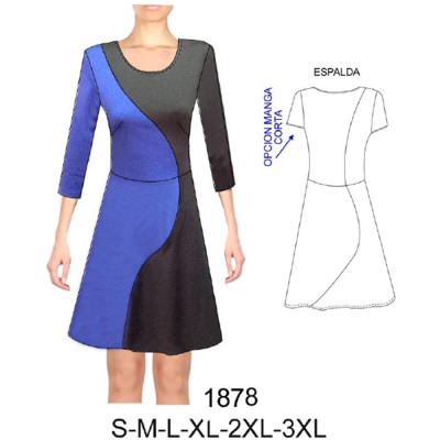 Molde de Vestido simétrico corte en la cintura semi evase | 1878