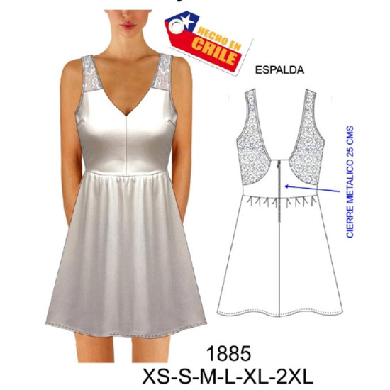 Molde de Vestido semi evase, faldón fruncido, encaje en hombro y espalda, cierre metálico en espalda | 1885 Molde de Vestido semi evase, faldón fruncido, encaje en hombro y espalda, cierre metálico en espalda | 1885