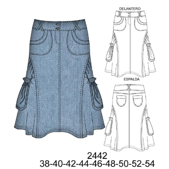 Molde de Falda pretina ancha, bolsillo de parche con vuelos laterales | 2442 Molde de Falda pretina ancha, bolsillo de parche con vuelos laterales | 2442