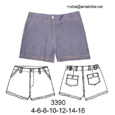 Molde de Short de mezclilla con pretina recta, bragueta con cierre, bolsillos delanteros con vivo y bolsillos traseros con tapa y botón | 3390