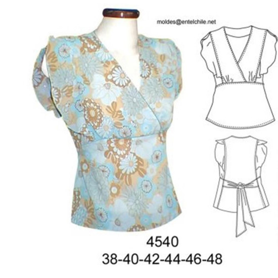 Molde de Blusa corte bajo busto manga pestaña , | 4540