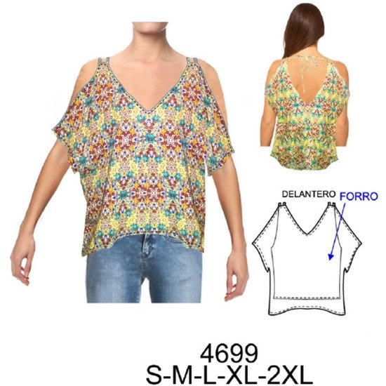 Molde de Blusa, escote en espalda en v, con doble tirantes y hombro descubierto | 4699
