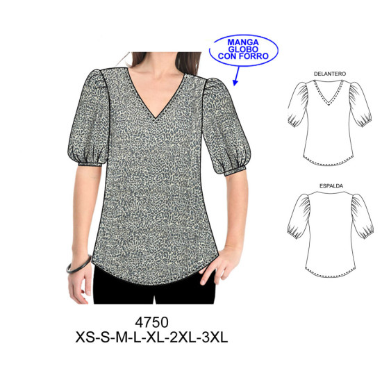 Molde de Blusa cuello v con manga globo | 4750 Molde de Blusa cuello v con manga globo | 4750
