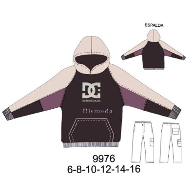 Molde de Conjunto deportivo niño con cortes en manga y bolsillo canguro | 9976