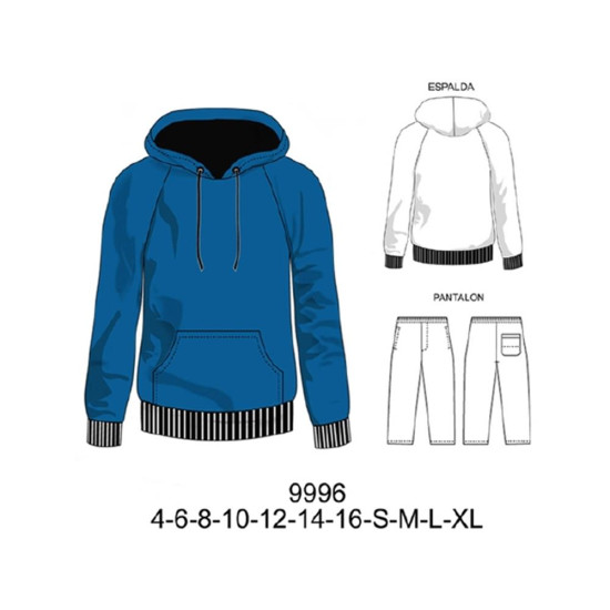 Molde de Conjunto deportivo juvenil con gorro, manga raglan, bolsillo canguro | 9996