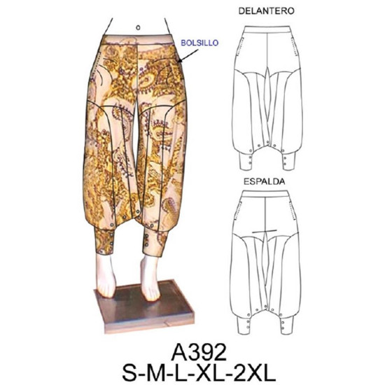 Molde de Pantalón con puño tipo falda con broche en ruedo | A392 Molde de Pantalón con puño tipo falda con broche en ruedo | A392