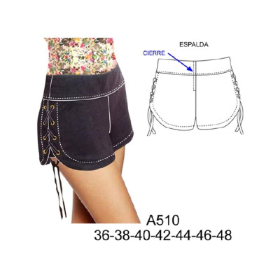 Molde de Short, cintura con amarra y ojetillos en costados | A510 Molde de Short, cintura con amarra y ojetillos en costados | A510