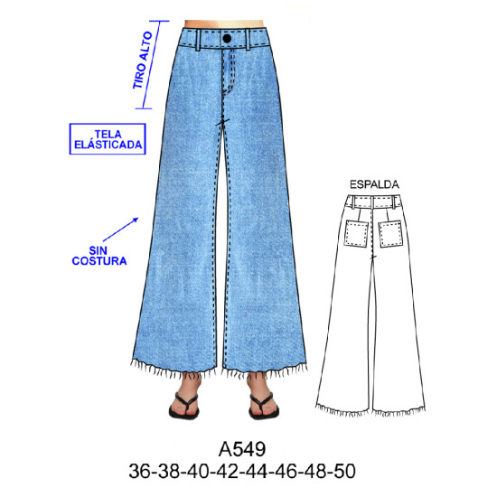 Molde de Jeans basta ancha desflecada, tiro alto, mezclilla elasticada sin costura al costado | A549 Molde de Jeans basta ancha desflecada, tiro alto, mezclilla elasticada sin costura al costado | A549