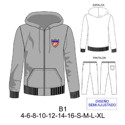Molde de Conjunto deportivo de hombre, niño con gorro y cierre | B1 Molde de Conjunto deportivo de hombre, niño con gorro y cierre | B1