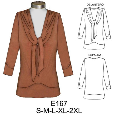 Molde de Camiseta con cuello anudado, manga ¾ con puño | E167