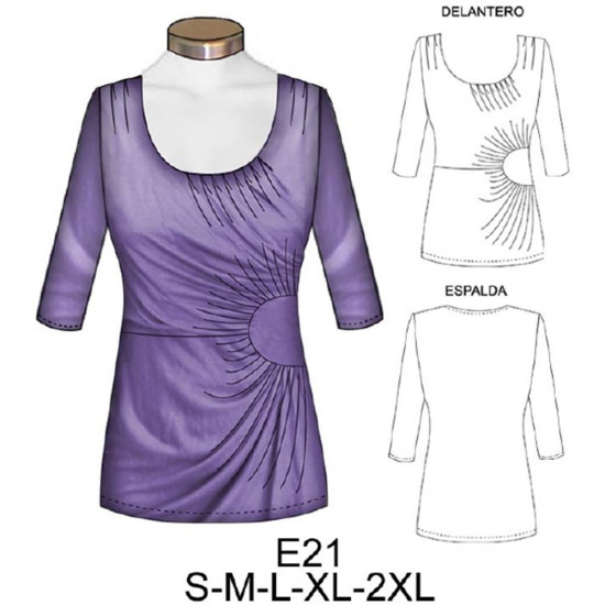 Molde de Camiseta corte bajo busto con plisado lateral manga ¾ | E21 Molde de Camiseta corte bajo busto con plisado lateral manga ¾ | E21