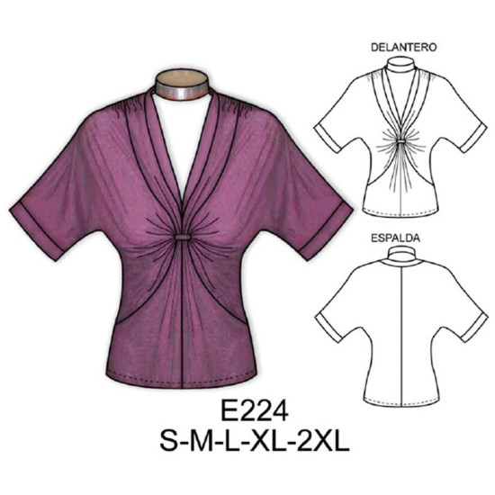 Molde de Camiseta kimono con amarra que forma fruncido | E224 Molde de Camiseta kimono con amarra que forma fruncido | E224