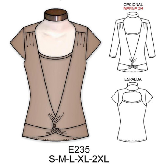 Molde de Camiseta dama anudada en delantero y espalda con abertura | E235 Molde de Camiseta dama anudada en delantero y espalda con abertura | E235