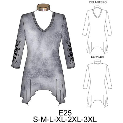 Molde de Camiseta larga escote v en puntas | E25
