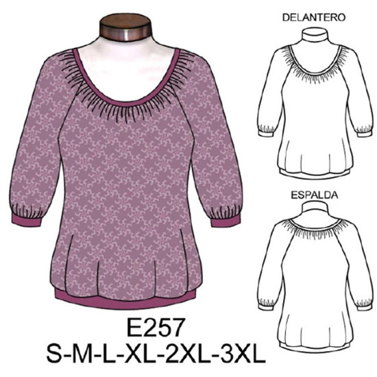 Molde de Camiseta con escote fruncido manga raglan y pretina | E257