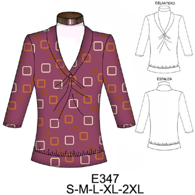 Molde de Camiseta con cuello y nudo en escote, manga 3/4 | E347 Molde de Camiseta con cuello y nudo en escote, manga 3/4 | E347