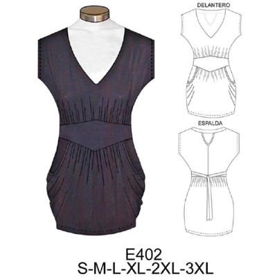 Molde de Camiseta escote v con bolsillo y fruncido en pieza cintura | E402 Molde de Camiseta escote v con bolsillo y fruncido en pieza cintura | E402