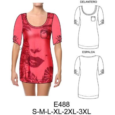 Molde de Camiseta larga, manga al codo con largo de 73 cms | E488