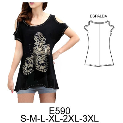 Molde de Camiseta corte kimono con aberturas en hombro y ruedo amplio | E590 Molde de Camiseta corte kimono con aberturas en hombro y ruedo amplio | E590