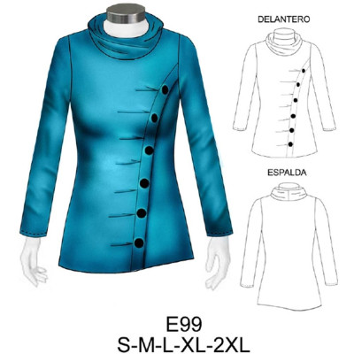 Molde de Camiseta con pliegues, corte diagonal cuello vétale, asimétrica | E99 Molde de Camiseta con pliegues, corte diagonal cuello vétale, asimétrica | E99