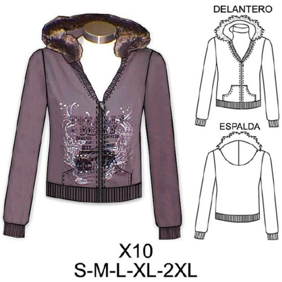 Molde de Sudadera escote v, con cierre y gorro con piel | X10