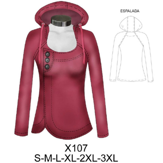 Molde de Sudadera cruzada con gorro | X107 Molde de Sudadera cruzada con gorro | X107