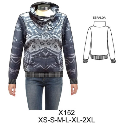 Molde de Sudadera cuello alto con botones, quedando cuello fruncido | X152