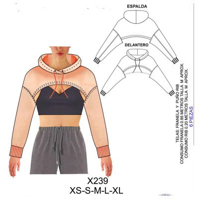 Molde de Sudadera extra corto con gorro | X239 Molde de Sudadera extra corto con gorro | X239