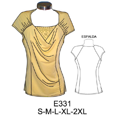 Molde de Camiseta dama media manga, corte princesa, delantero drapeado con falso interior | E331 Molde de Camiseta dama media manga, corte princesa, delantero drapeado con falso interior | E331
