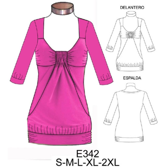 Molde de Camiseta manga ¾ , capa tipo bolsillo fruncida con pretina | E342