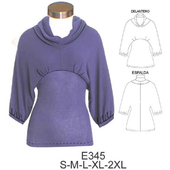 Molde de Camiseta con corte bajo busto, manga kimono con fruncido y cuello drapeado | E345